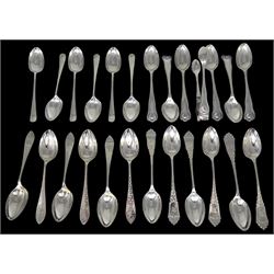 Four sets of six silver coffee spoons, comprising Edwardian set of bead and shell design, with matching sugar tongs, hallmarked John Round & Son Ltd, Sheffield 1902 and 1903, a mid 20th century set of Celtic point type, each with engraved monogram to terminal, hallmarked H Hunt, Sheffield 1947, a further mid 20th century set with rat tail bowls,  hallmarked Roberts & Belk Ltd, Sheffield 1944, and an Edwardian set, hallmarked Francis Howard Ltd, Sheffield 1906, approximate total silver weight 10.22 ozt (318 grams)
