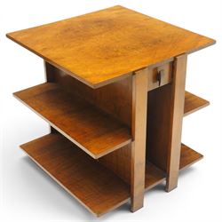 Art Deco walnut coffee table, square book-matched veneered top over single frieze drawer w...