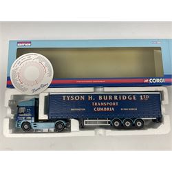 Corgi - three limited edition Hauliers of Renown lorries; CC13231 DAF XF Curtainside James Irlam & Sons Ltd; CC13420 MAN TGA Curtainside Woody's Express; and CC13603 DAF CF Curtainside Tyson H. H. Burridge Ltd; all boxed (3)