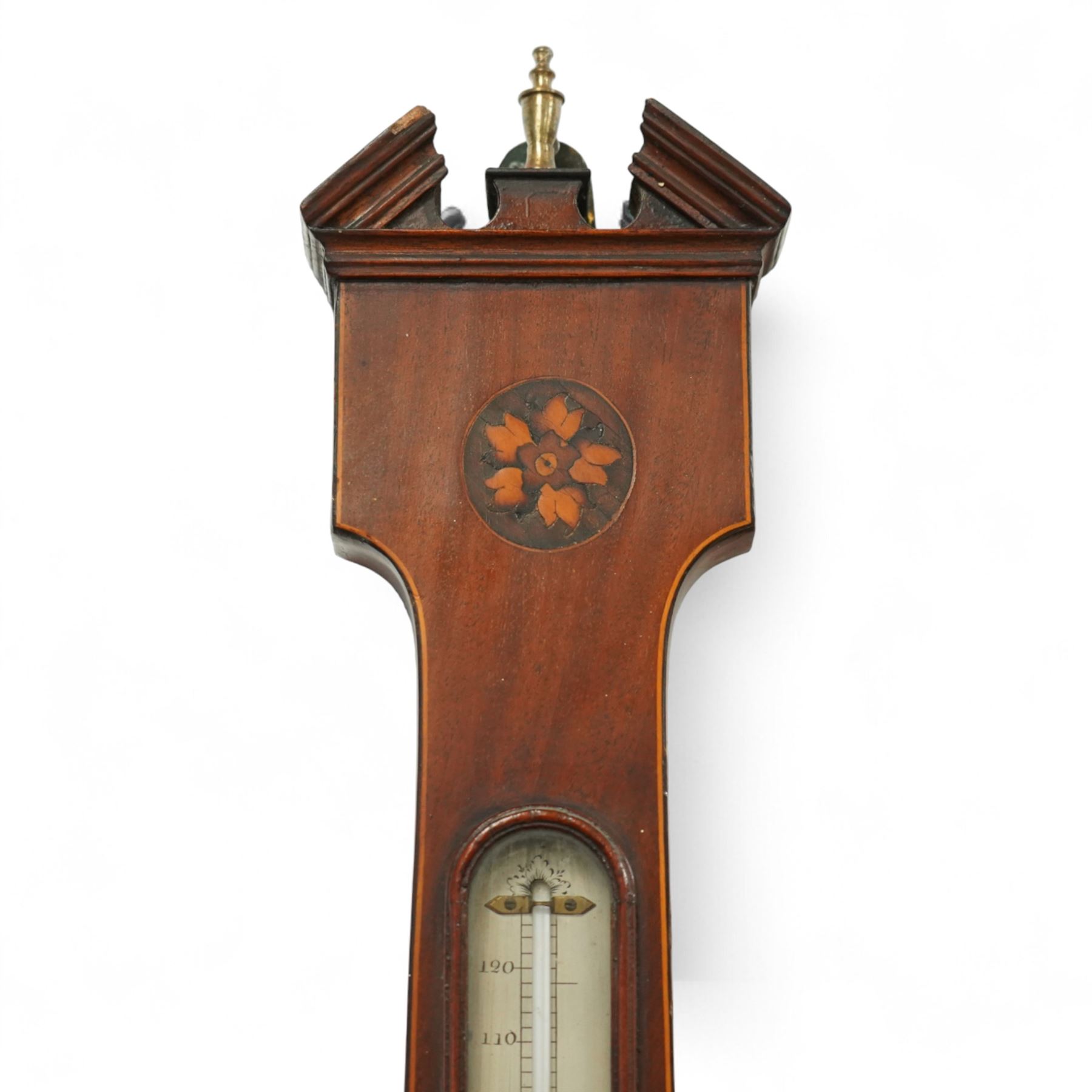  Comoli & Nolli of Edinburgh-early 19th century Sheraton mercury barometer c1820, with a broken arch pediment, brass finial and round base, mahogany case with stringing to the edge, oval conche and round petal inlay, with a boxed surface mounted mercury thermometer and silvered 8