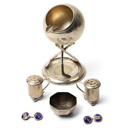 Pair of Swedish silver pepperettes with loop handles, small Middle Eastern silver octagona...