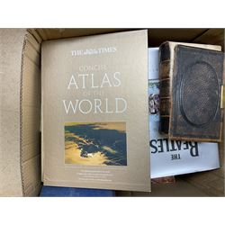 Quantity of books to include The Beatles Anthology hardback, published 2000, leather effect bound The British Empire volumes, The Times Atlas of the World, and other books to include the Bible etc