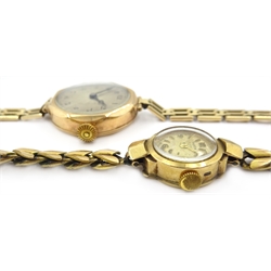  Early 20th century 9ct rose gold wristwatch and a mid 20th century 9ct gold wristwatch hallmarked both on plated bracelets  