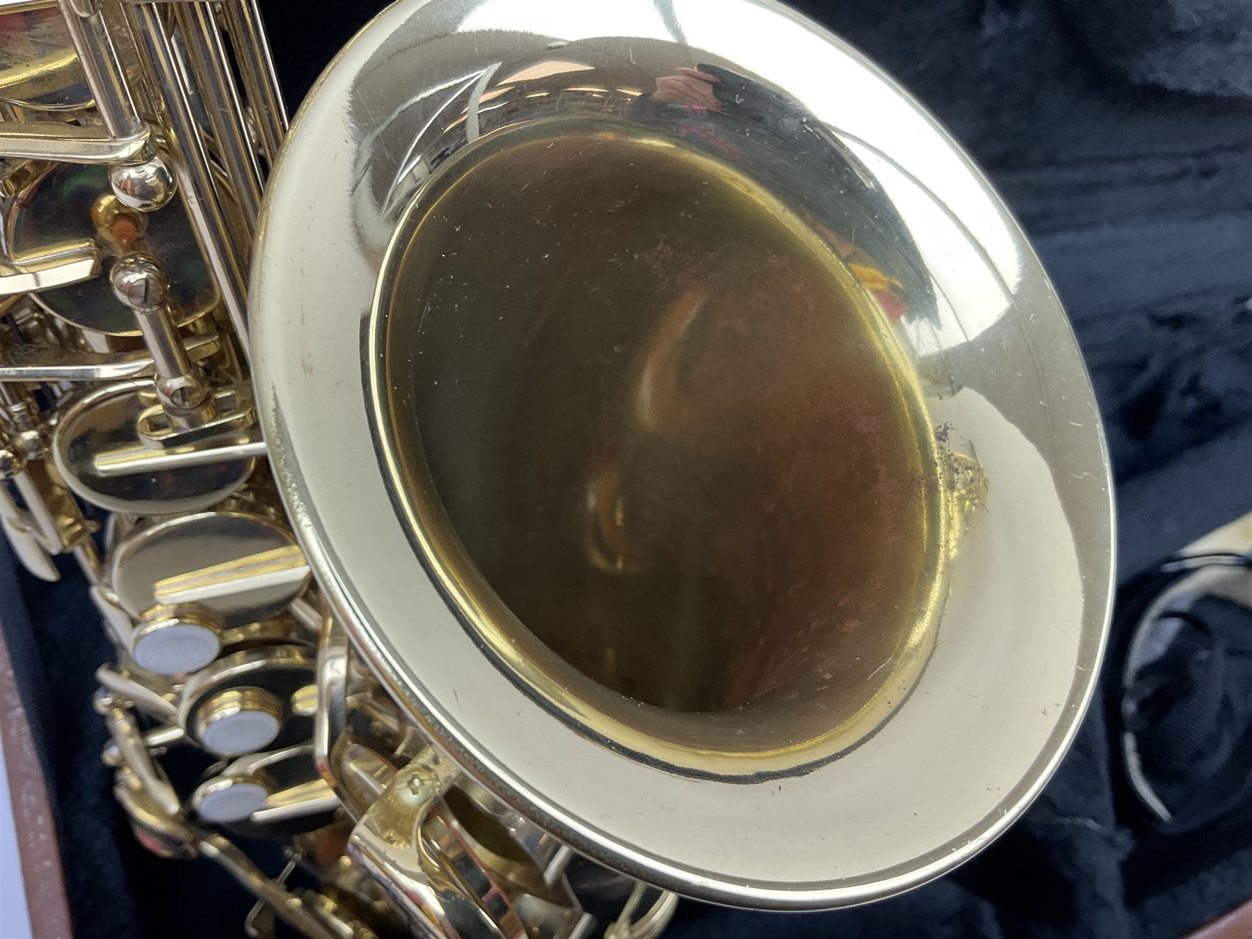 Trevor J. James & Co. 'The Horn' brass alto saxophone, serial no.T04498, H68cm in fitted carrying case