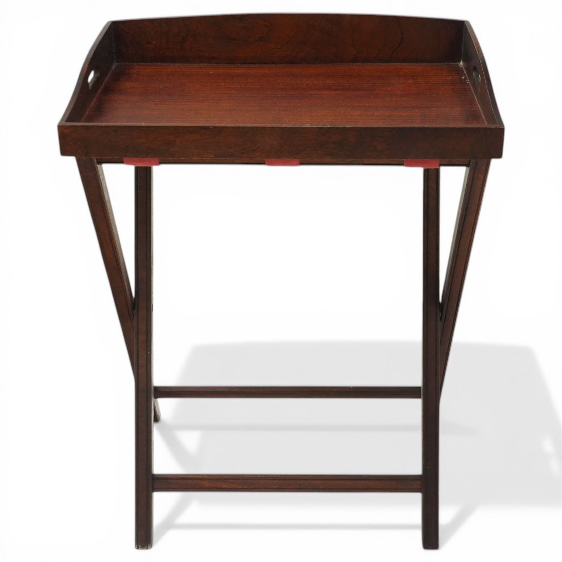 Georgian design mahogany butlers tray on stand, tray top with pierced handles, on a folding X-frame base