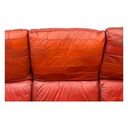 Folke Ohlsson for Gimson & Slater - mid-20th century Danish teak-framed sofa, red leather upholstery with patchwork design, raised on shaped teak side supports