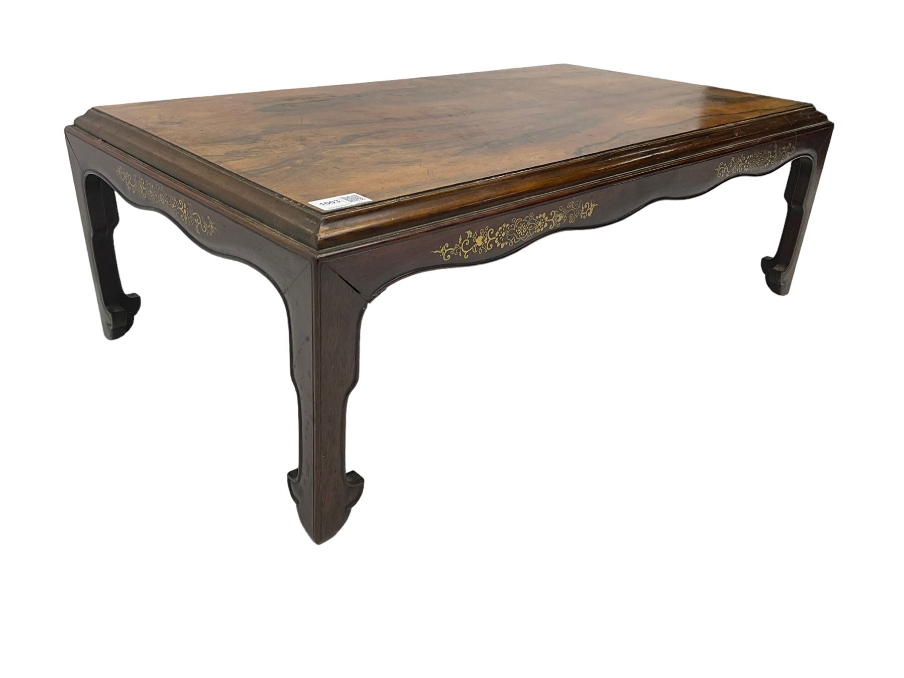 19th century rosewood opium table, rectangular top with moulded edge, the shaped apron decorated with applied brass scrolling foliate detail, raised on shaped supports with stylised leaf feet and cockbeaded edge