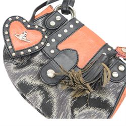 Vivienne Westwood shoulder handbag, the canvas body with black and grey animal print design, with tan and black leather studded borders, shoulder strap and heart charm, the clasp and buttons with Vivienne Westwood logo, with single slip pocket to the interior, with Vivienne Westwood dust bag, H16cm, W23cm