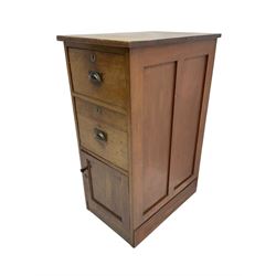 19th century mahogany filing cabinet, fitted with two drawers over panelled cupboard, on plinth base