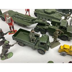 Various makers - unboxed and playworn die-cast models including Dinky Thornycroft Mighty Antar Tank Transporter No.660 and Centurion Tank No.651, other military and farm vehicles; and quantity of loose plastic soldiers and other figures by Crescent, Britains etc