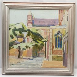 Pamela Chard (British 1926-2003): St Alban's Cathedral from the East, oil on canvas unsigned 52cm x 52cm
Provenance: studio collection of the late William Chard, the artist's husband
Notes: Chard was a British artist and teacher married to fellow artist William Chard (1923-2020). The couple met at the Redfern Gallery in Cork Street, London, and went on to study under several important artists  such as Henry Moore, Ceri Richards, and Vivian Pitchforth. They were both active members of 'The Arts Council of Great Britain', and exhibited with the London Group and Drian Gallery.