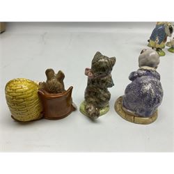 Six Beswick Beatrix Potter figures, comprising Miss Moppet, Tommy Brock, Peter Rabbit, Cecily Parsley, Mr Drake Puddle-Duck, Amiable Guinea Pig, together with four Royal Albert figures, Hunca Munca, Lady Mouse made a curtsy, Little Pig Robinson and Mr McGregor, all with printed mark beneath  (10)