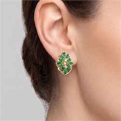 Pair of 14ct gold emerald and diamond cluster earrings, each stud set with twelve marquise cut emeralds and three round brilliant cut diamonds, stamped 585