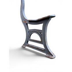 Set of three mid-20th century cast iron towns and park bench ends, scrolling pediment over arched stretchers, length to be altered as desired