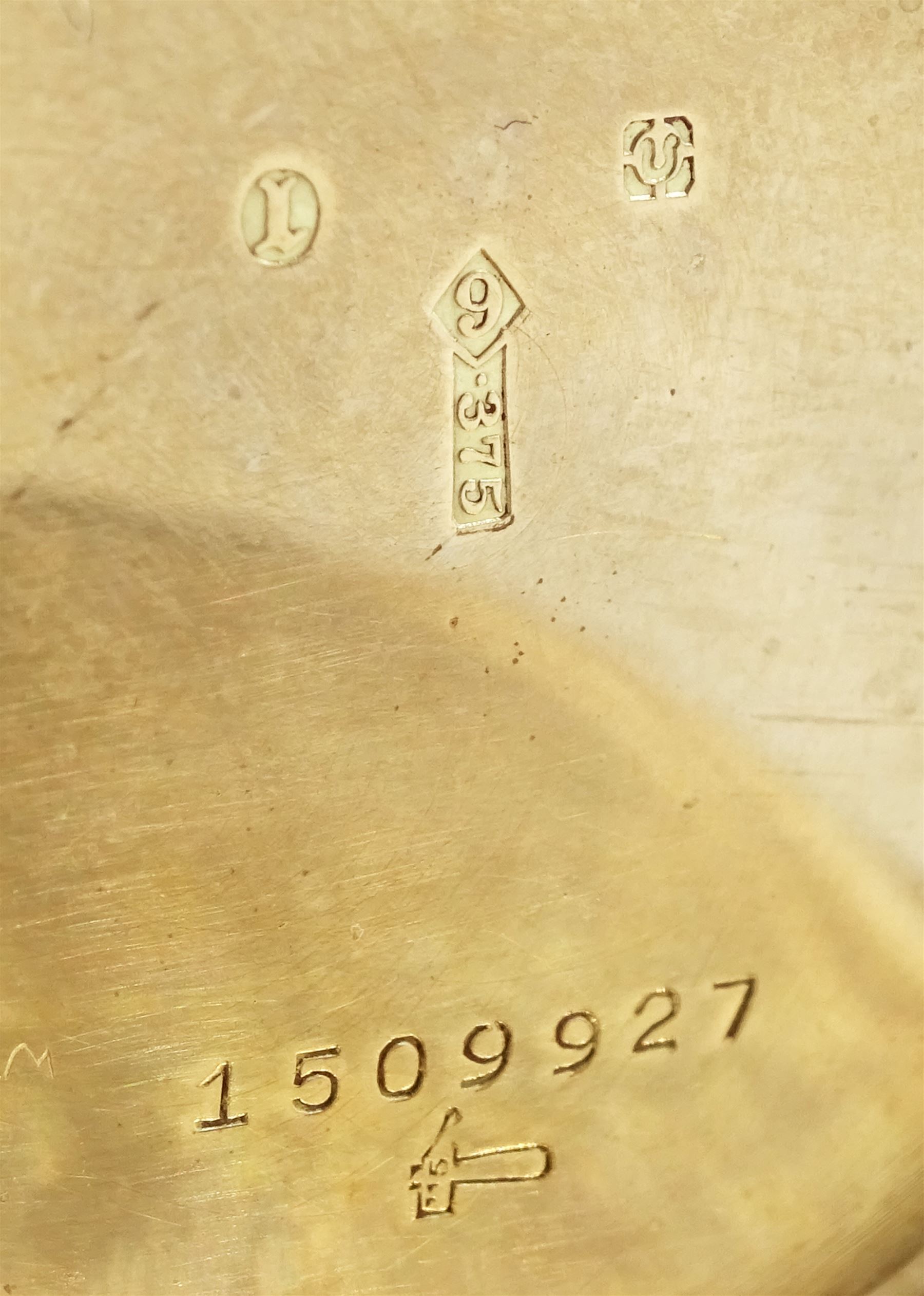 Early 20th century Swiss 9ct gold open face, keyless slimline pocket watch, Poinçon de Maître hammer head, No.115, blue Arabic numerals and subsidiary seconds dial, engine turned sunburst back case with cartouche, London import marks 1926