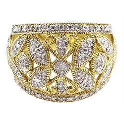 9ct white and yellow gold diamond chip, pierced openwork design ring, hallmarked
