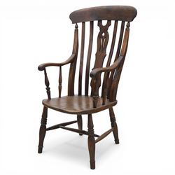 Traditional design elm farmhouse chair, a vase splat flanked by turned spindles, on turned supports united by a H stretcher