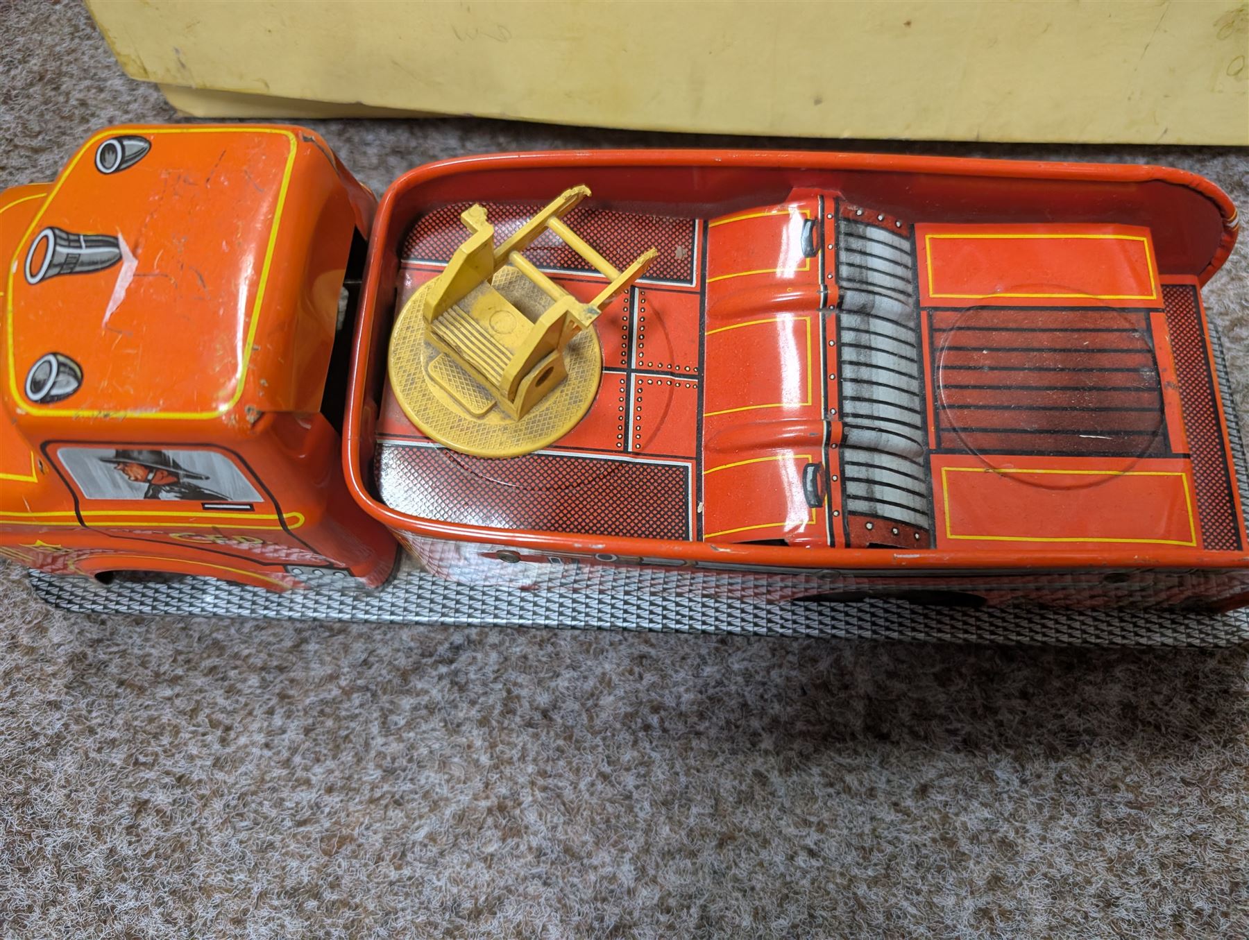 Marx Scissors Hydraulic Dump Truck, Electric Remote Control Car and a tinplate fire engine, dump truck H