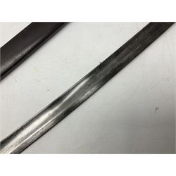 Italian M1833 Sabre with slightly curving 79cm fullered steel blade, the plain steel hilt with 'D' shaped knuckle bow, langets and wire-bound leather grip; in steel scabbard with single hanging ring L101cm overall