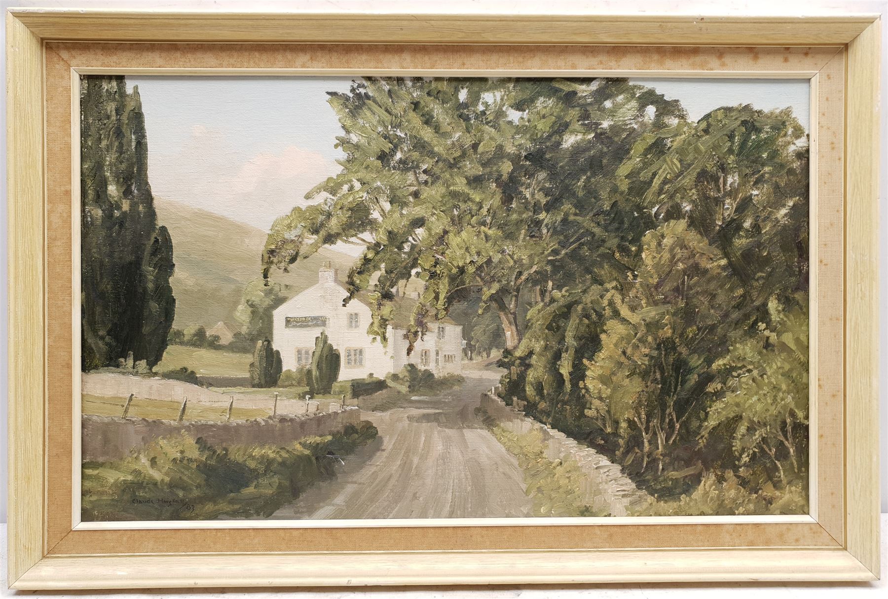 Claude Horsfall (British 1907-2003): 'The George Inn Hubberholme', oil on board signed and dated '83, titled and extensively inscribed with artist's Keighley address verso 36cm x 60cm