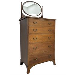 George III design mahogany straight-front chest, raised oval swing mirror with bevelled glass on turned supports, fitted with five graduating drawers with boxwood stringing, on bracket feet