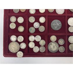 Great British and World coins including King George V 1935 crown, various silver three pence pieces, United States of America 1944 quarter dollar etc, housed in a coin tray