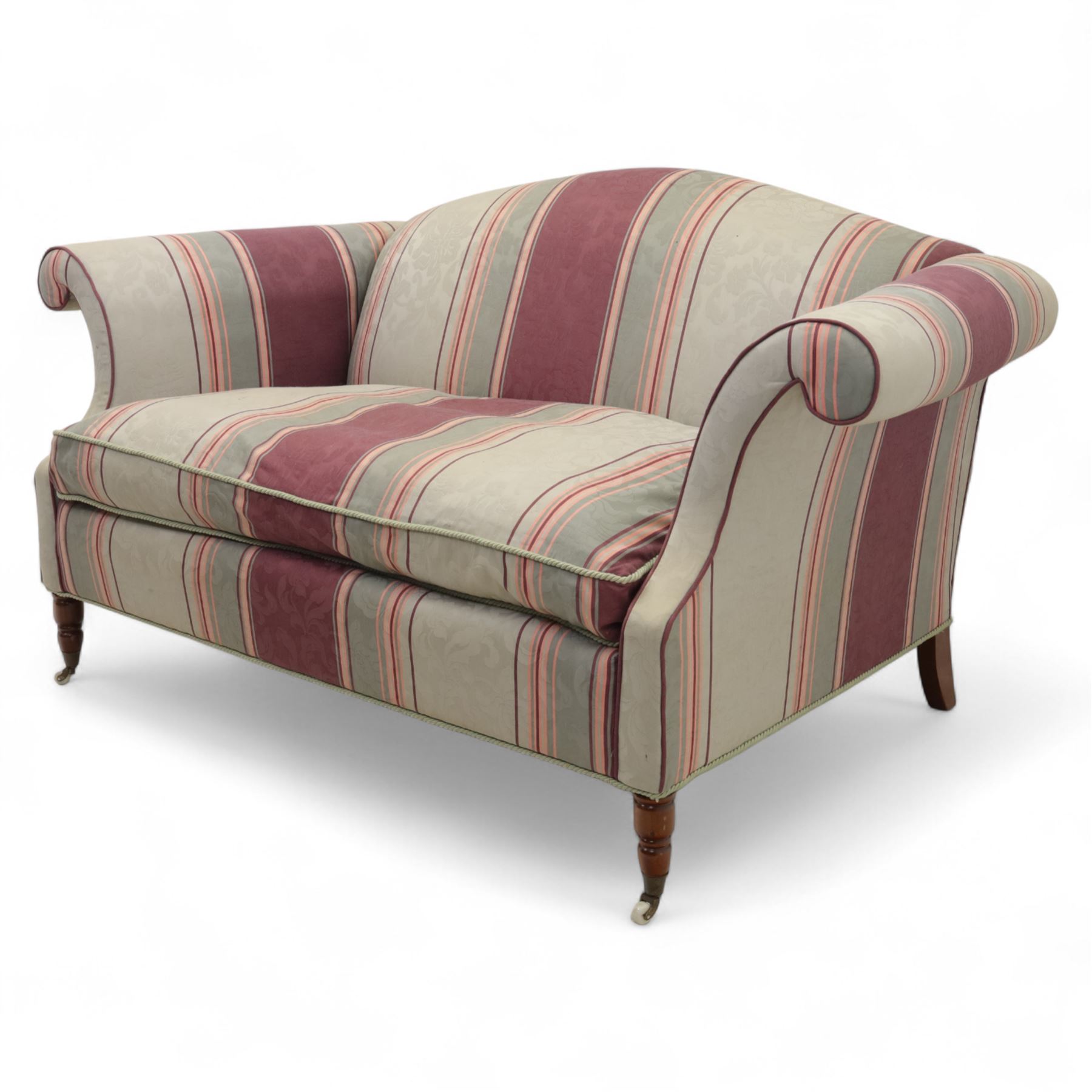 Traditional design two seater sofa, upholstered in striped blue and purple fabric