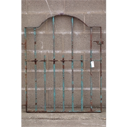  Wrought metal garden path gate, stepped arched pediment with iron rod uprights, with latch, W91cm, H116cm   