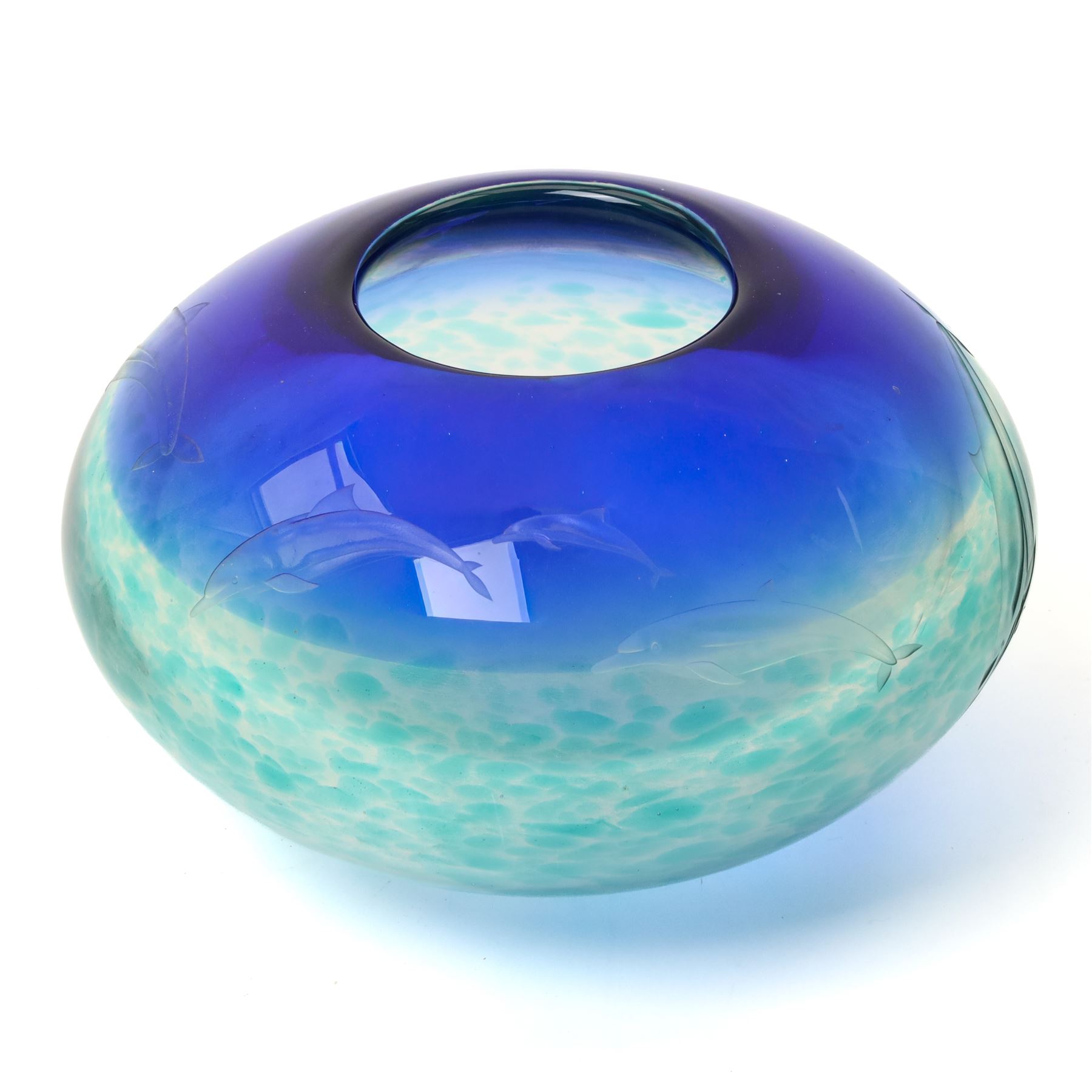 Caithness glass limited edition blue glass bowl 'Spirits of the Sea' decorated with dolphins  7/25 boxed and with certificate D25cm