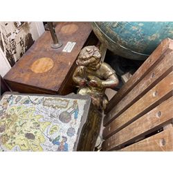 Assorted collectables, to include Deco style glass ceiling shade, green painted metal shade, leaded glass wall shade, table lamp, part balance scales, globe, etc., in two boxes 