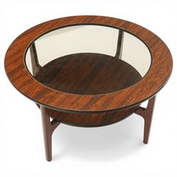 Mid 20th century Greaves & Thomas simulated rosewood circular coffee table, inset glass to...