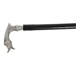 WWI German sawback bayonet, French Briquet and, early 20th century silver white metal fish topped sword stick