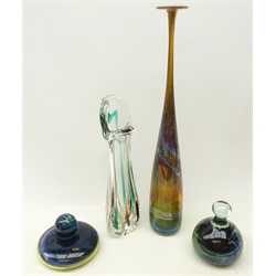  Four pieces of art glass comprising a Mdina paperweight, clear glass streaked vase with indistinct signature no. 003, H34cm , perfume bottle of squat form with stopper and impressed pontil mark and a tall mottled glass vase with slender neck, unsigned (4)  