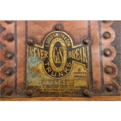  Vintage wood and metal bound travelling trunk, hinged lid, W90cm, H63cm, D57cm  