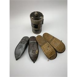 Pair of early 20th century silk embroidered shoes, L17cm, two Oriental leather slippers and an early 20th century cylindrical wooden vessel with metal mounts (5)