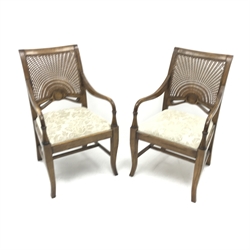 Pair caned back armchairs, scrolling arms, upholstered seat, cabriole legs joined by stretchers, W57cm