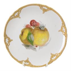 Three early 20th century Berlin KPM hand painted porcelain cabinet plates, each or circular form with tooled gilt detailed rim, and hand painted fruit still life to centre, with painted and printed marks beneath, D19cm