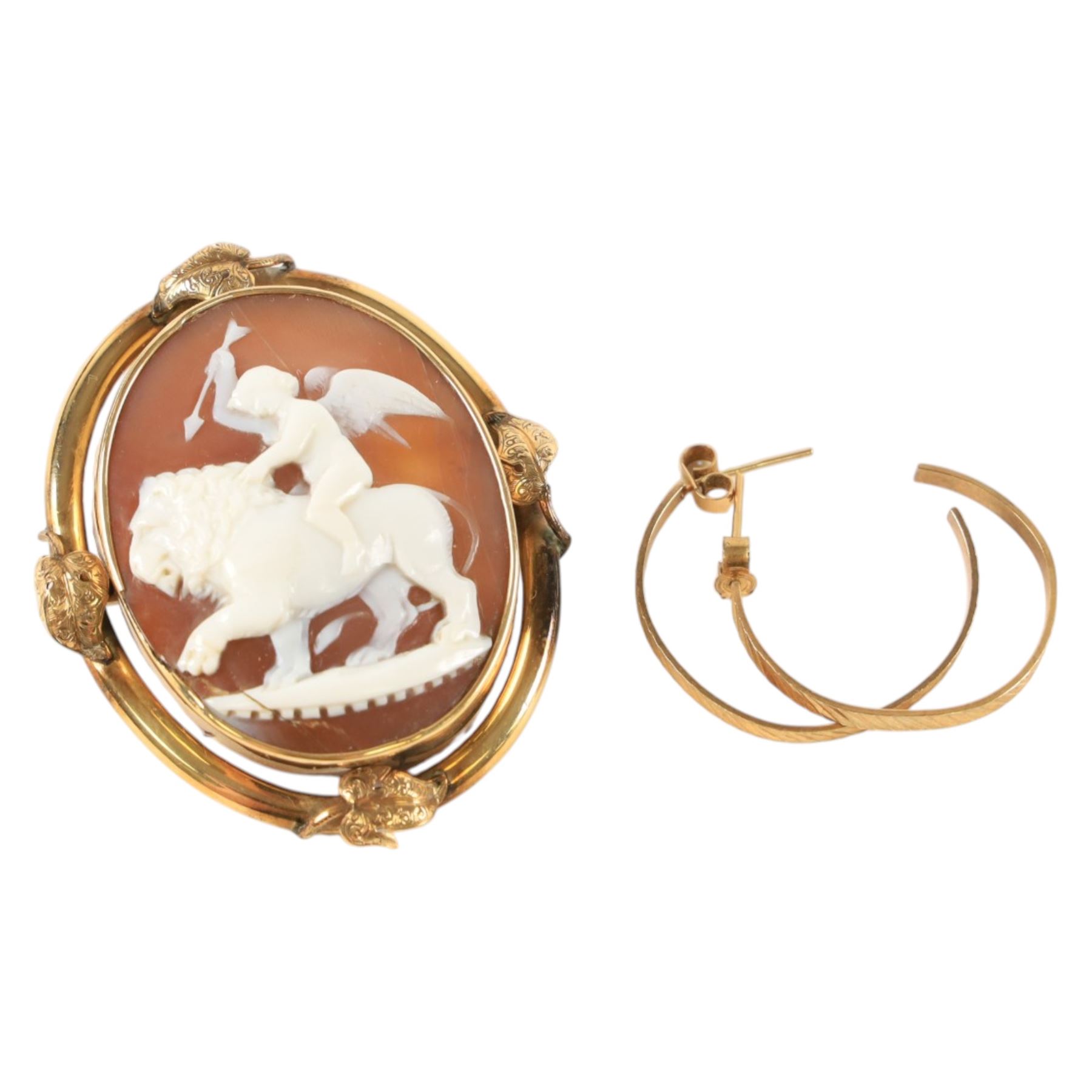 18ct gold heart charm and a collection of 9ct gold jewellery, including two cameo brooches, stone set ring, stone set pendant and pair of hoop earrings. 