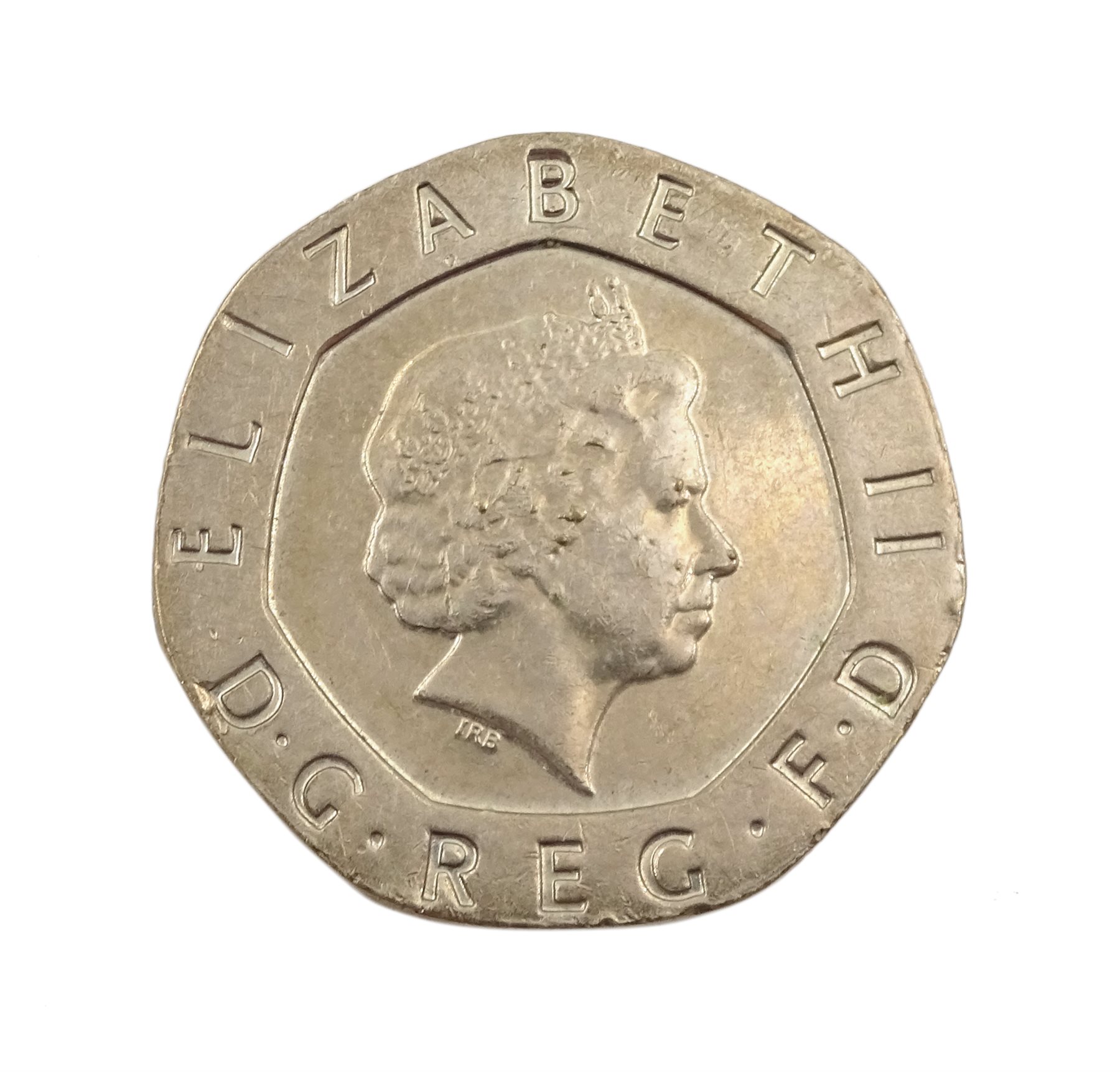 Queen Elizabeth II undated 20p coin, minting error coin which should bear the date 2008