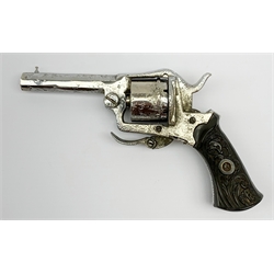 19th century plated Belgian 7mm pin-fire revolver, the six-shot cylinder inscribed 'The Young Lion 1881 New Pattern', with folding trigger and carved walnut split stock, barrel length 7.5cm, overall length 18.5cm