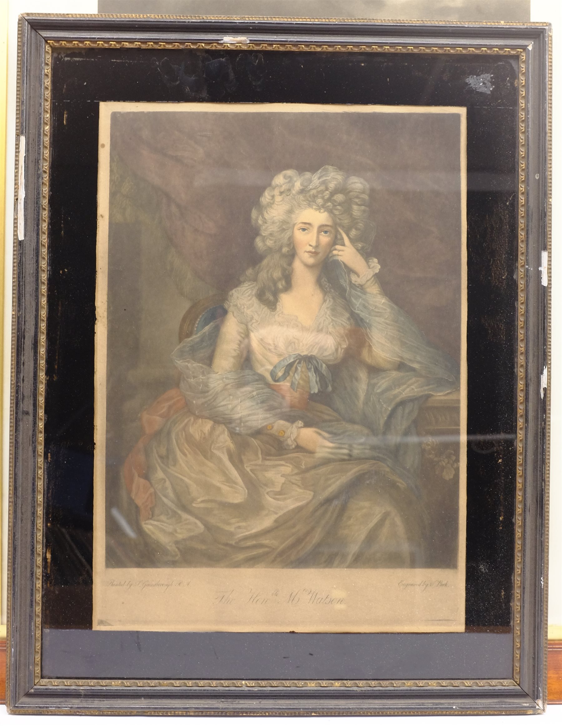 After Thomas Gainsborough (British 1727-1788): Portrait of Mrs Watson, engraving, together with four further 19th century portrait engravings, a Pears print and a further print, max 56cm x 48cm (7)