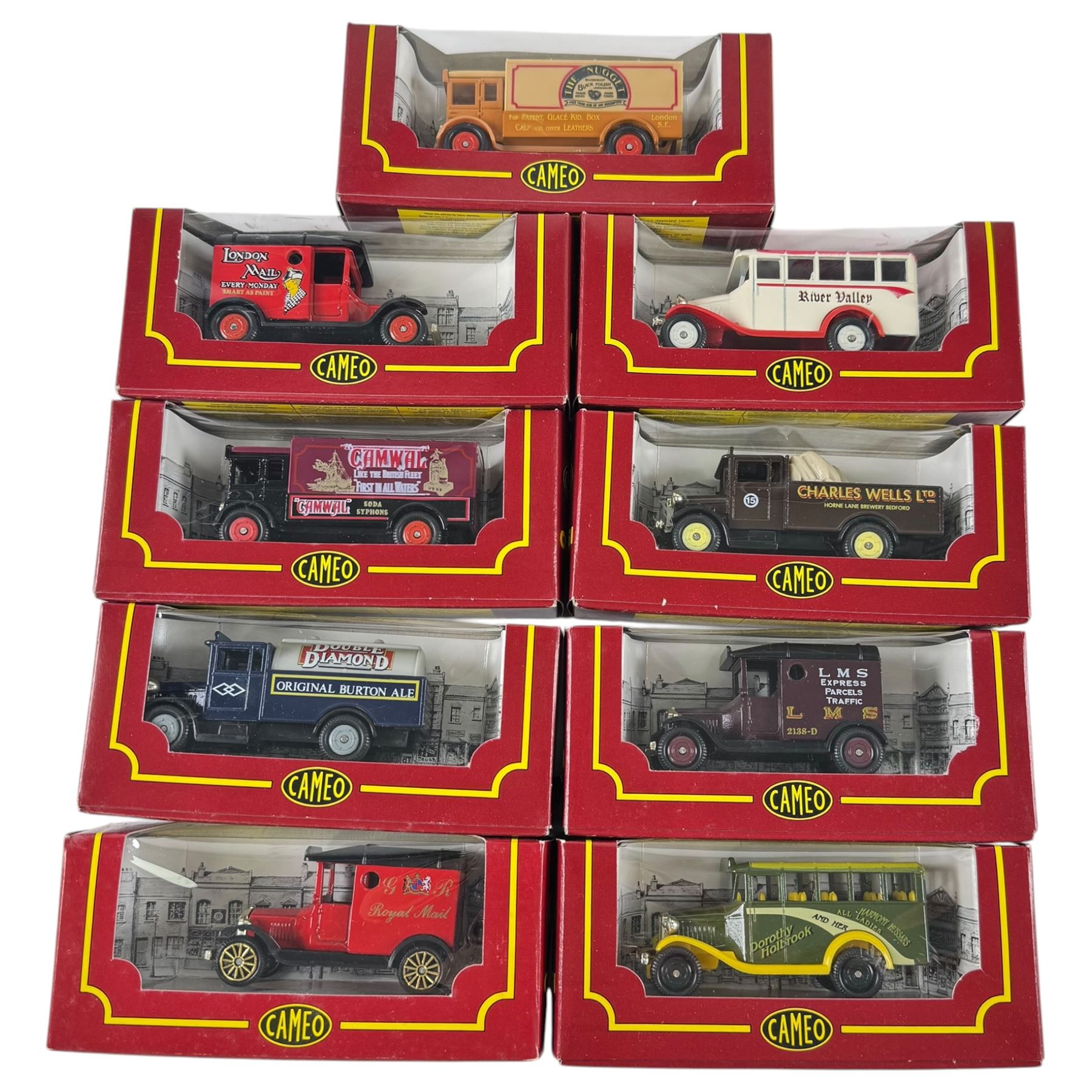 Collection of die cast model cars, trucks and trains, including Maisto Supercar Collection, Matchbox Models of Yesteryear, Matchbox Series, Dublo Dinky Toys and Cameo from Corgi The Village Collection, mostly boxed