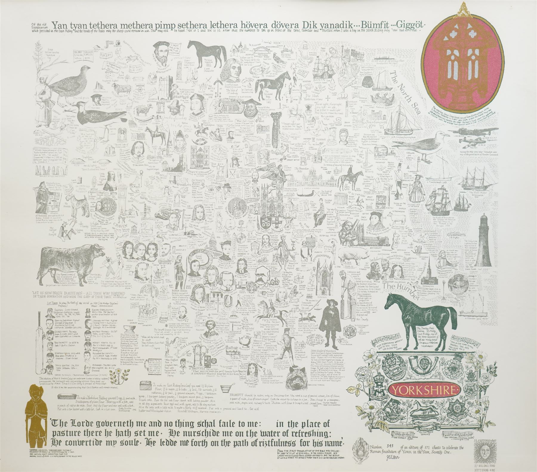 English School (20th century): 'Yorkshire', limited edition colour pictorial historical map of Yorkshire signed and numbered 343/571 in pen, second edition pub. J L Carr 1971, 50cm x 58cm