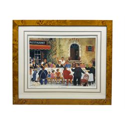 Margaret Loxton (British 1938-): 'The Celebration', limited edition colour print signed and numbered 123/1950 in pencil 37cm x 48cm; 'Olives & Sunflowers', 'Café de France', 'Lavender Harvest - Lacoste' and 'Boules Players', set four limited edition colour prints signed and numbered 335/1950 in pencil max 28cm x 34cm (5)