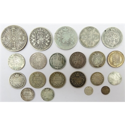  Collection of twenty-one Great British Queen Victoria coins including 1890 double florin, 1875 and 1883 half crowns, 1889 and 1901 one florins, various one shillings, sixpences and two three halfpence coins dated 1839 and 1843  (21)  
