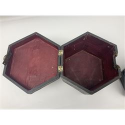 Lachenal & Co two-row concertina, with twenty-one buttons on pierced mahogany hexagonal ends; five-fold bellows and inset maker's label; serial no.108826 L18.5cm; in black covered case
