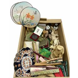 Assorted ceramics and figures to include oriental examples, including carved soapstone elephants, composite figure of an elder, various fans, Imari plate, other ceramics, agate boxes etc in one box 