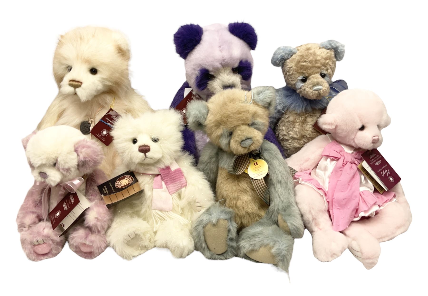 Seven Charlie Bears, comprising two limited edition examples, Parma Violet CB191963, designed by Isabelle Lee, limited to 3000, and Mary CB205250O, limited to 1000, plus Anniversary Carol CB151562, Olien CB171790, Dilly CB124946, Willamena CB202037A, and Kay CB191957B, each designed by Isabelle Lee, all with tags