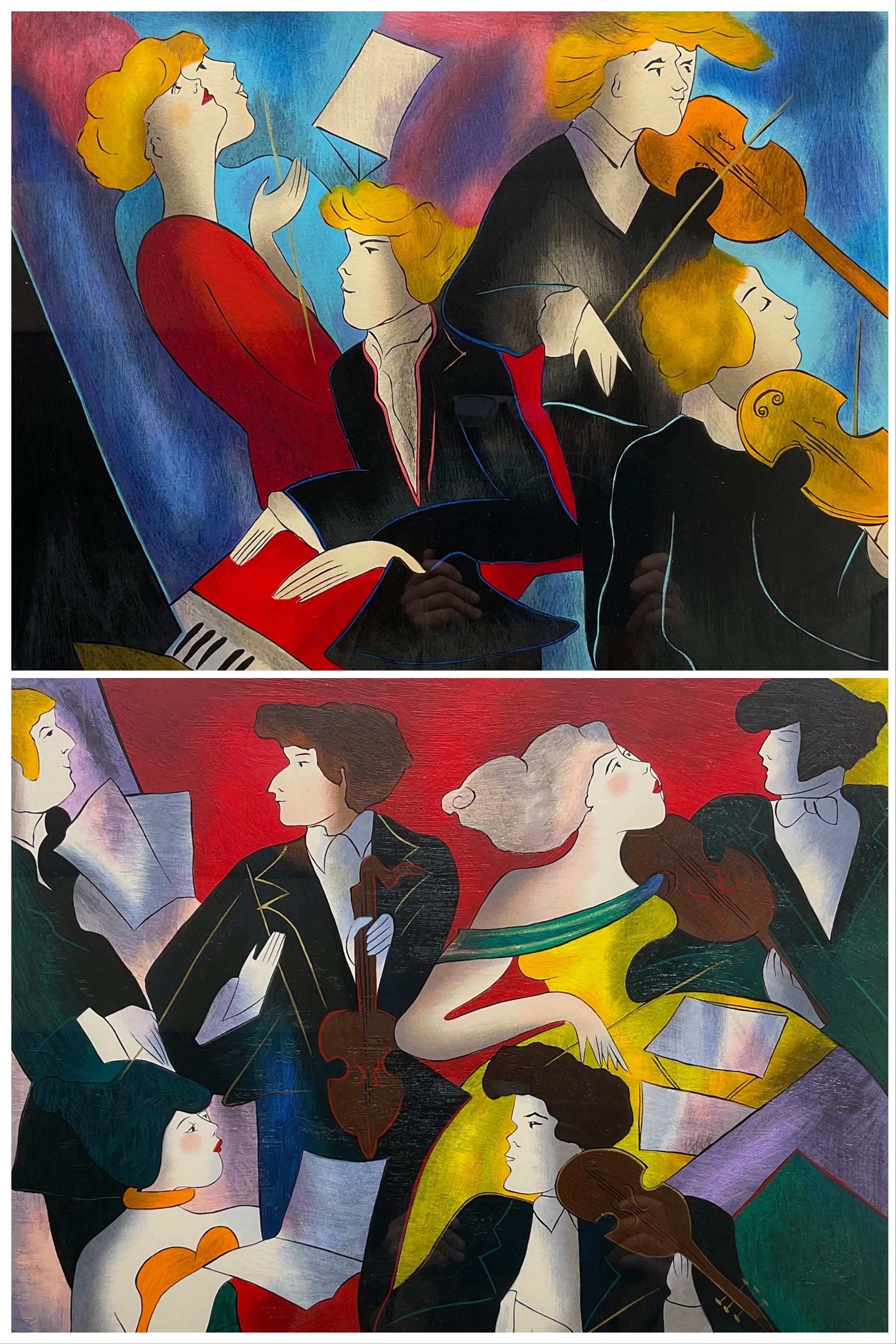 Linda Le Kinff (French 1949-): 'Ingredients' and 'Orchestra de Toulouse', pair limited edition colour serigraphs signed in pencil and numbered 200/350 and and European Artist Proof 25/50, respectively 43cm x 52cm (2)