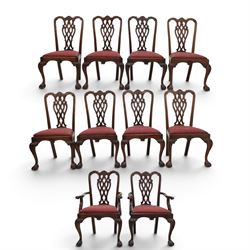 Chippendale design set of ten (8+2) mahogany dining chairs, serpentine cresting rails with...